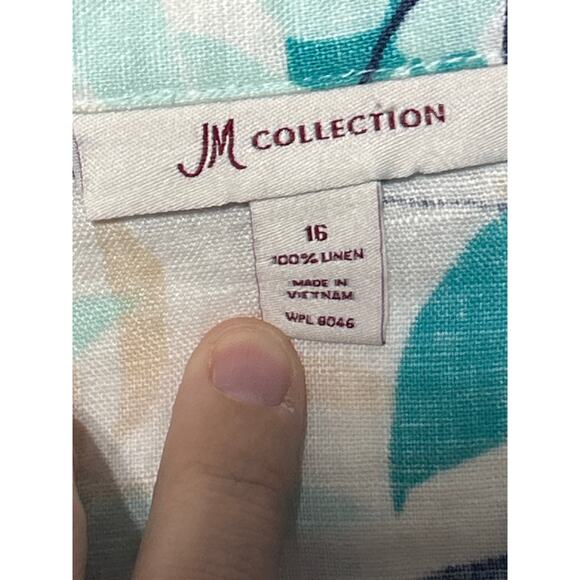 JM Collection 100% Linen Shirt 16 White Blue Floral Tropical Button Up Boxy Tie - Picture 6 of 9